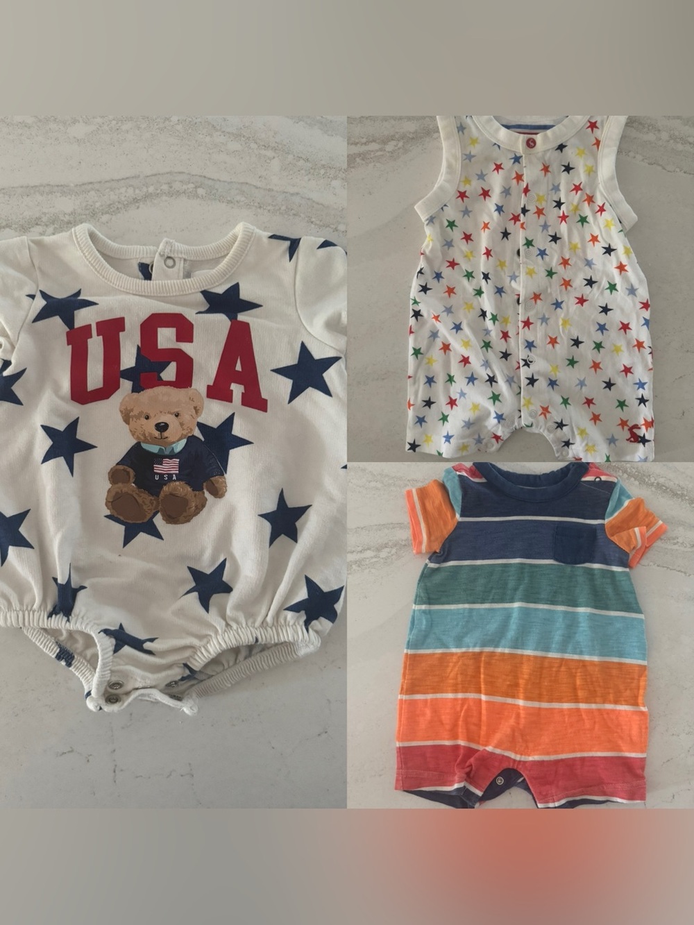 Striped and Star Print Romper Set 4th of July USA baby boy onesie bear